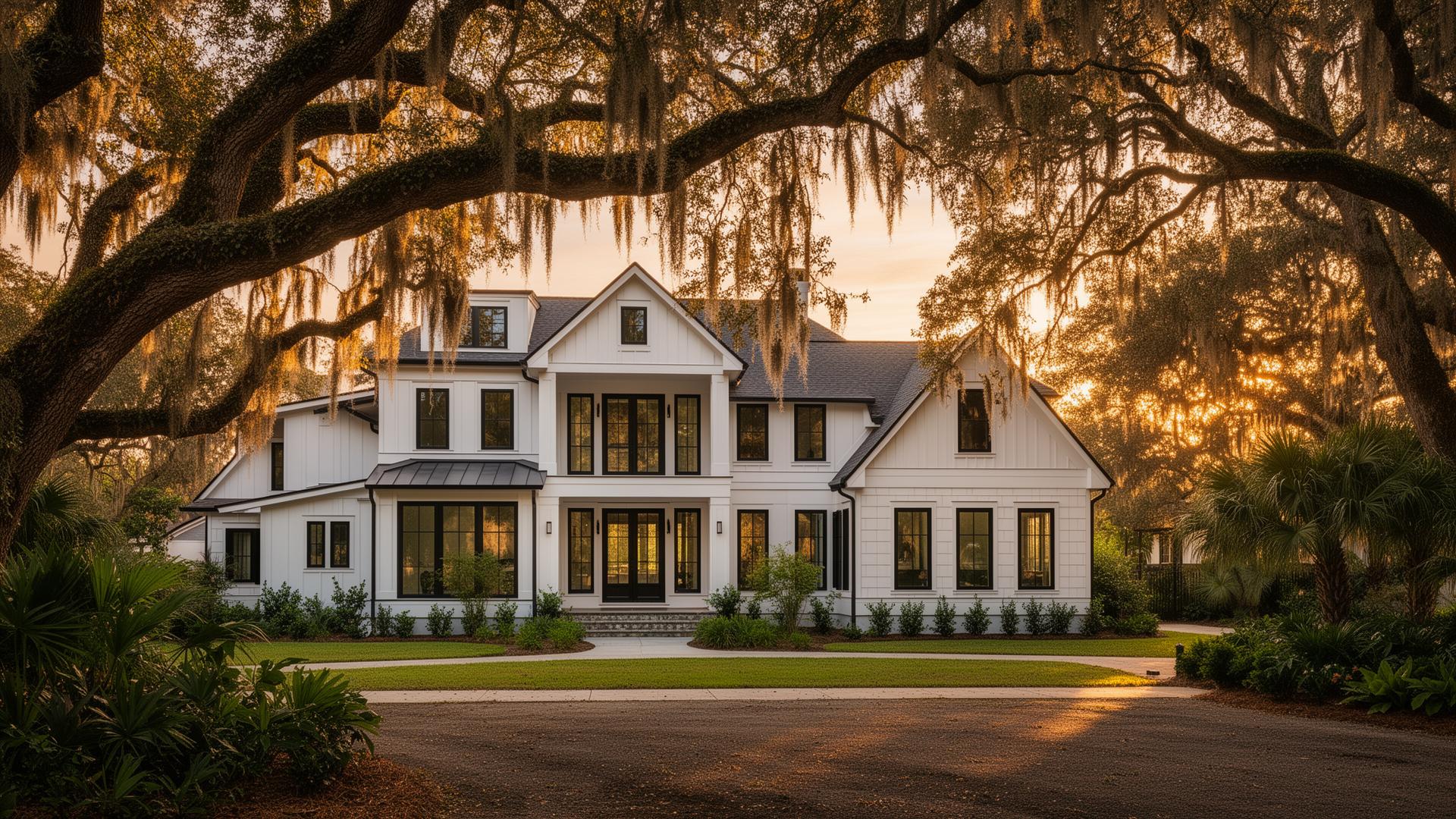 Custom built Charleston home at golden hour